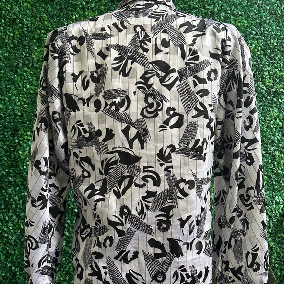 1980s Golden Gate Black-and-White Printed Long Sleeve Blouse - Picture 5 of 5
